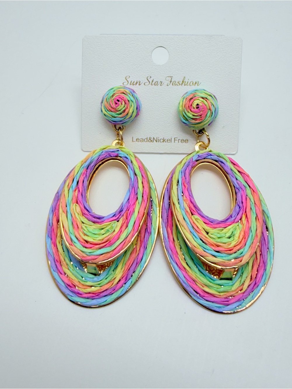 Rainbow Multicolor Braided Oval Drop Earrings